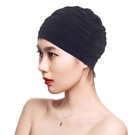 Women Comfort Swimming Hat Swim Turban Ladies Soild Color Long Hair Swimming Cap Fashion Stylish Breathable Pleated Elastic Bathing Cap Swim Cap（One Size）