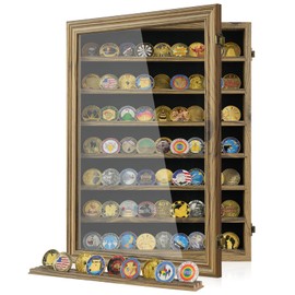 7 Rows Military Challenge Coin Holder Display Cabinet with HD Tempered Glass – Holds 100 Coins, Wooden Medal Shadow Box Display Case with Removable Shelves, Wall Mount or Tabletop Display, Rustic Wood