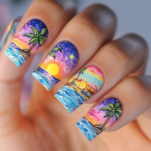 MERVF Square Press on Nails Medium Fake Nails Colorful Glue