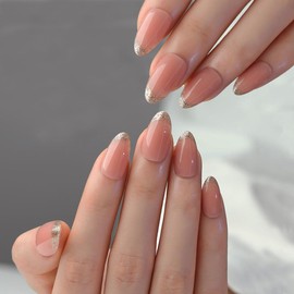 24Pcs French Tip Press on Nails Medium Almond False Nails Acrylic Full Cover Fake Nail Kit Glitter Glossy Nude Artificial Fale Nails For Women And Girls Manicure