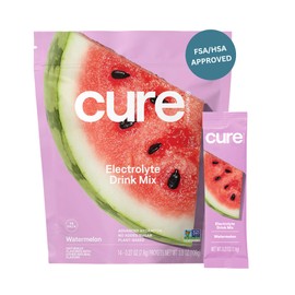 Cure Hydration | Plant-Based Electrolyte Drink Mix | No Added Sugar | FSA-HSA | Dehydration Relief Powder Made with Coconut Water | Non-GMO | Vegan | Pouch of 14 Packets - Watermelon