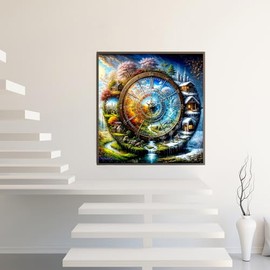 5D Clock Diamond Painting Kits for Adults Beginners,Landscape House Diamond Art Kit,DIY Full Round Drill Diamond Dot Gem Art Kits for Adults,Home Wall Decor 13.78x13.78 Inch