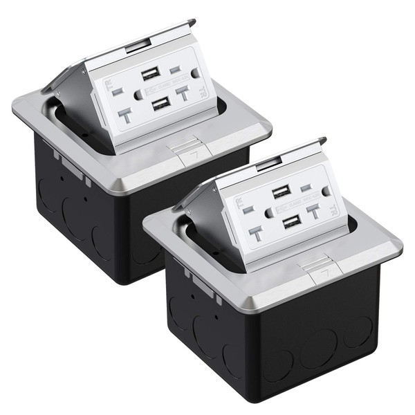 WEBANG Pop Up Floor Outlet Covers Box with 20 Amp Stainless Steel USB TR Receptacle Outlet, ETL Listed, 2 Pack, Silver