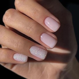 96 Pcs Short Press on Nails and Toenails Glossy Glitter Designs Fake Nails Square Full Cover Acrylic Nails Nude Solid Color Glue on Nails 12 Sizes-4 Styles Artificial False Nails DIY for Women