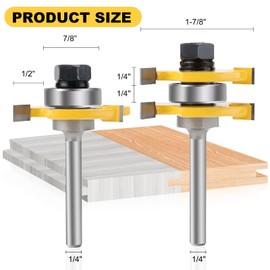 Yueqing Zhongji 2pcs 1/4" Tongue and Groove Router Bit Set, 3 Teeth Adjustable T Shape Router Bits, 1/4" Shank, Carbide Material, Groove Cut, Router Bit, Woodworking Tool, Tongue and Groove Joints