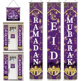 DPKOW 4pcs Ramadan Eid Banner Ramadan Decorations for Home, Purple Gold Eid Mubarak Door Banner Ramadan Eid Decorations Islamic Muslim Eid Door Couplets Ramadan Mubarak Indoor Outdoor Decorations