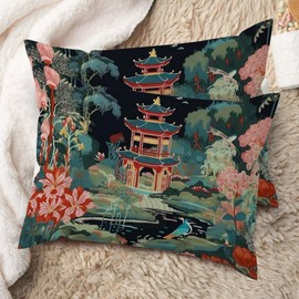 MISSUYSA Chinoiserie Throw Pillow Case Charcoal Coral Pagoda Lumbar Support Pillow Case Set of 2 Chinese Style Cotton Linen 20x26in Rustic Cushion Cover for Couch Sofa Home Decor