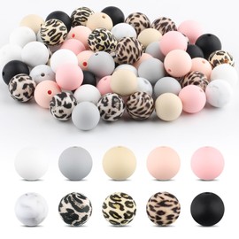 70Pcs 15 mm Silicone Beads, Cow Print Silicone Beads, Leopard Rubber Beads, Colorful Round Spacer Beads for Making DIY Necklaces Bracelet Keychain (10 Color)