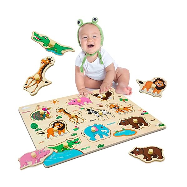Wooden Peg Puzzles for 1 2 3 Year Olds, Wild Animals Pattern Educational Learning Kids Toys for Girls Boys Gifts, Birthday, Christmas, Easter and Children's Day
