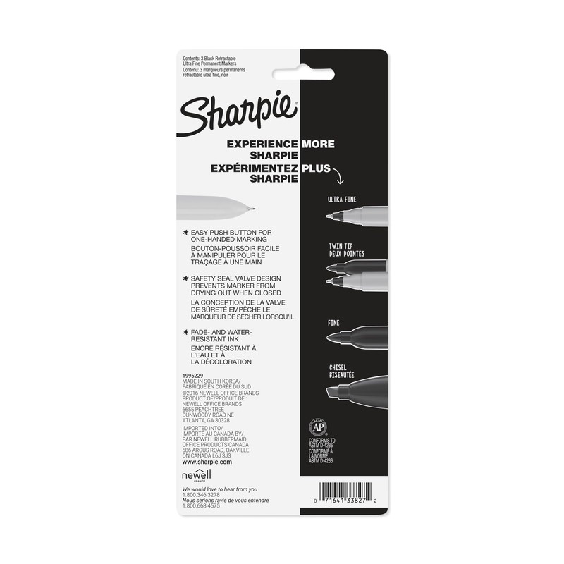 Sanford Sharpie Ultra Fine Point Retractable Permanent Markers 3/Pkg-Black,Packof1,
