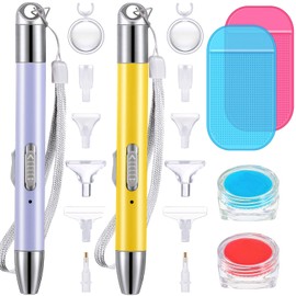Chuangdi 2 Pcs Diamond Painting Art Drill Pen with Light Diamond Painting Accessories and Tools 12 Pen Heads 2 Anti-slip Mats 2 Wax Organizer Cases for DIY Craft Supplies(Purple, Yellow)