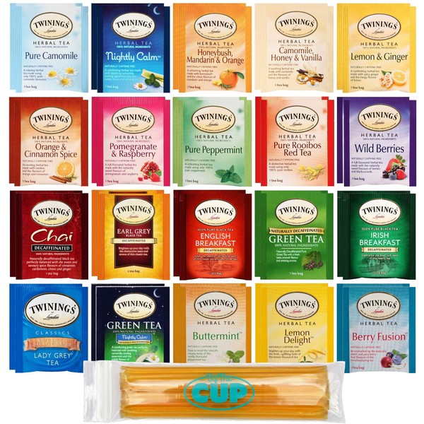 Twinings Herbal & Decaf Tea Sampler 40 Ct Assortment with By The Cup Honeysticks