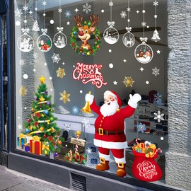 Xyxu Christmas Decorations Window Stickers Large, 4 Sheet Extra Large Santa Claus Christmas Window Stickers Christmas Scene Xmas Tree Snowflake Window Stickers Clings for Christmas Window Decorations