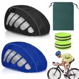 2Pcs Reflective Bike Helmet Rain Cover, High Visibility Waterproof Cycling Helmet Protector, Helmet Rain Cap With Reflective Strip, 2 Elastic Cycling Strap Wristbands for Night (Blue Black)