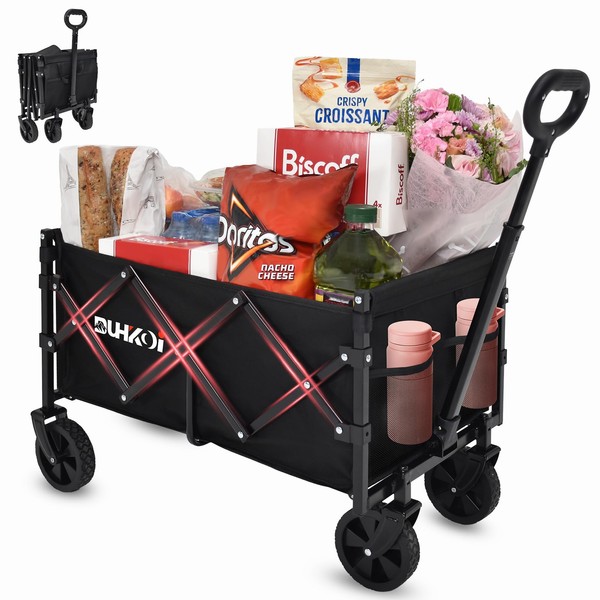 DUHKOI Collapsible Wagon Cart with Wheels Foldable,11 Lbs Lightweight Portable