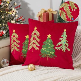 Baccessor Red Velvet Embroidery Christmas Pillow Cover 18x18 Set of 2, Tufted Square Pillow Covers Xmas Trees Pillowcases Winter Holiday Christmas Decor for Home Sofa Couch