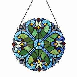 Happy Living Time Stained Glass Panel: 12 Inch/16 Inch Decorative Window Hanging Suncatcher - Small Round Tiffany Style Ornament - Blue Heart Decoration for The Wall or Windows (12 Inch)