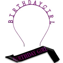 Birthday Headpiece Girl Tiara Headband Birthday Satin Sash for Party Decorations Supplies (Purple)