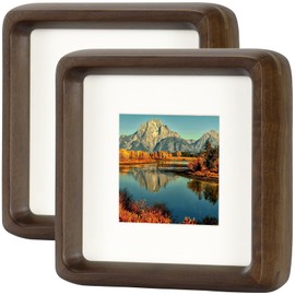 HELPLEX 4x4 Picture Frame Set of 2, Display Picture 2.5x2.5 with Mat or 4x4 Without Mat, Made of Natural Walnut Wood, HD Tempered Glass, 4 x 4 Picture Frames Square for Wall or Tabletop
