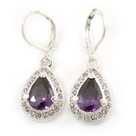 Amethyst/Clear Crystal/CZ Drop Earrings With Leverback Closure/Rhodium Plated/ 33mm L