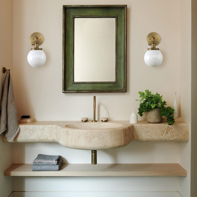 Pathson Hardwired Wall Sconce with White Globe, Brass Bathroom Vanity