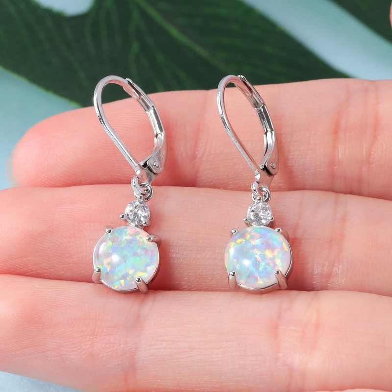 Datiny Round-Cut White Opal Dangle Earrings Trendy 14k White Gold