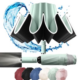 MZSX Umbrella, Pocket Umbrella, Windproof and Stormproof, Inverted Folding Design, Small Compact, Reflectors on the Edge, for Men and Women, light green