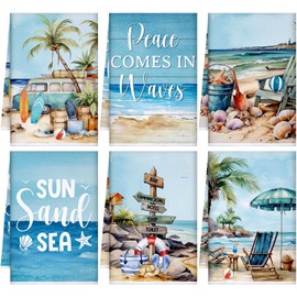 Bencailor 6 Pcs Summer Beach Kitchen Towels Ocean Hand Towels Sun Sand Sea Decorative Beach Themed Design Bathroom Towels Tree Sea Star Tea Dish Clothes for Home House Kitchen Bathroom Decoration