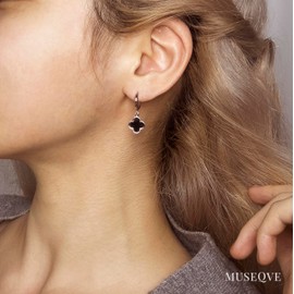 Black Four Leaf Clover Dangle Earrings for Women • Real Onyx Stone Lucky Clover Drop Huggie Hoops • Rhodium 925 Silver Plated Jewelry Gifts for Her Mom [CVRE-BK-S]