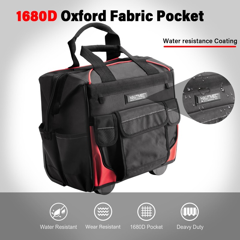 HAUTMEC 14.5" Rolling Tool Bag with Wheels, 25-Pocket Portable Tool