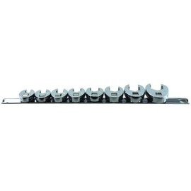 K tool International 22300 SAE Crowfoot Flare Nut Wrench Set with 3/8" Drive for Garages, Repair Shops and DIY, Heat-treated, 3/8" to 7/8", Chrome, Socket Rail, Use on Hydraulic Line Fittings, 8 Piece
