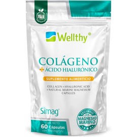 Wellthy Colageno con Magnesio y Acido Hialuronico 60 Capsulas. 100% Natural, Peptidos de Colageno hidrolizado Genu-In, Magnesio Marino Francés SIMAG, VCaps Cápsulas Veganas, Bottle Free