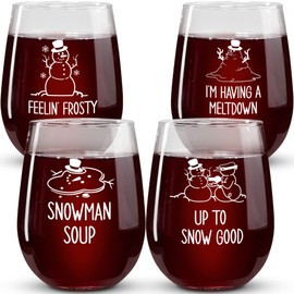 On The Rox Drinks Funny Christmas Wine Glasses - Snowman Printed Stemless Wine Glass Set of 4 - Wine Holiday Gifts for Her - Christmas Cocktail Glasses and Drinkware - Wine Gift Sets for Christmas