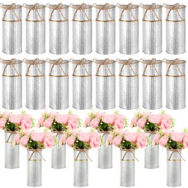 Mimorou 16 Pcs 7.48 Inch Vases for Centerpieces Galvanized Metal Flower Vase with Twine Bow Rustic Vintage Wedding Mason Jars Farmhouse Tin Bucket Decor for Artificial Flowers Home Table (Silver)