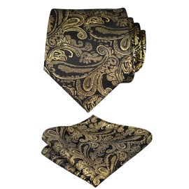 Alizeal Men's Paisley Floral Tie Handkerchief Wedding Woven Necktie Set, Black Gold