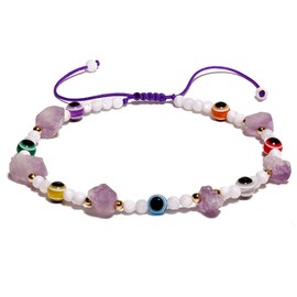 XHUUU 7 Chakra Evil Eye Charms Beaded Anklet Protection Beach Shell Jewelry Raw Amethyst Stones and Crystals Ankle Bracelets for Women Reiki Foot Chain