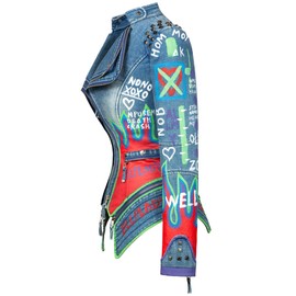 FUYUAN Women's fashion studs perfectly shaped artificial leather jacket graffiti punk motorcycle jacket(2XL-Denim Blue)