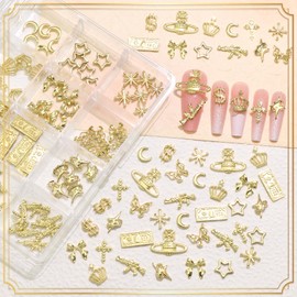 RODAKY 120PCS Gold Nail Charms Metal Cross Bow Charm for Nails 3D Butterfly Star Nail RhinestoneJewelry 12 Styles Gold Charms and Gems Y2K Nail Art Decor Manicure Accessories
