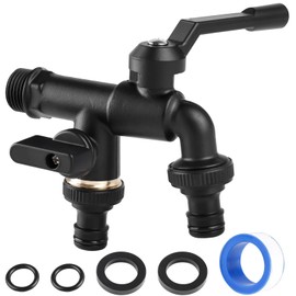 Universal Garden Tap, 1/2 Inch Double Brass Outlet Tap with 2 x Rubber Seals + 2 x O-Rings + 1 x Waterproof Tape + 2 x Hose Adapters for Garden, Washing Machine, Black