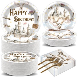 200Pcs Magical Wizard Birthday Party Supplies Vintage Castle Owl Party Plates and Napkins Witch Wizard Magic Disposable Tableware Decorations for Magic Baby Shower Birthday Favors for 50 Guests