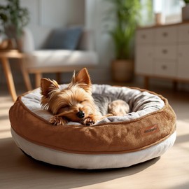 Deconovo Calming Dog Bed for Small Dogs - Waterproof Round Donut Pet Bed with Washable Cover, 26D Egg Crate Foam, Non-Slip Bottom, Anti-Tear Zipper for Indoor Use Brown 24x24x6 Inch