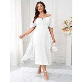 Women's Plus Size Summer Dress Short Sleeve Square Neck Milkmaid Dress Tie Front Split A-Line Maxi Long Dresses White