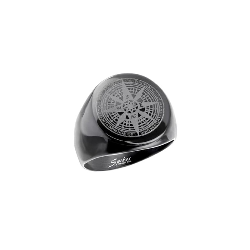 Bungsa Men's Signet Ring Compass Black Stainless Steel, Stainless Steel,