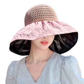 KXF Super Sunrpoof Women Beach Sun Hat Wide Brim Beach Cap with Black Rubber Inner for UV Protection Foldable Summer Breathable Hat Visor with Chip Rope Packable Adjutable Ladies Gilrs Summer Cap