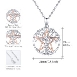 Pentagram Necklace 925 Sterling Silver Witch Tree of Life Chain Pentagram Magic Amulet Pendant Mother's Day Jewellery Christmas Graduation Gifts for Women, Sterling Silver, Moonstone