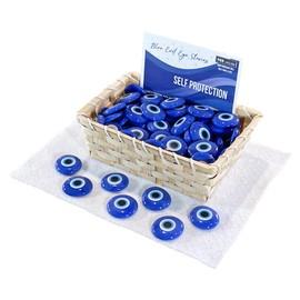 Blue Evil Eye Stones, Set of 100 Printed Turkish Nazar Spiritual Keepsake Glass Stones Created for Protection and Luck, with Retail Display by Lifeforce Glass