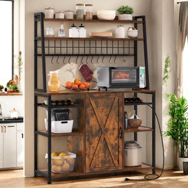 YITAHOME Large Bakers Rack with Power Outlet and Storage Cabinet, 47 Inch Farmhouse Coffee Bar Cabinet, Kitchen Microwave Stand with Wine Shelves and 12 Hooks, Rustic Brown