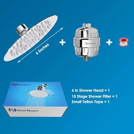 NearMoon Shower Head and 15 Stage Shower Filter Combo, High Pressure Filtered Shower for Hard Water, Improves the Condition of Your Skin, Hair (6 Inch, Chrome)
