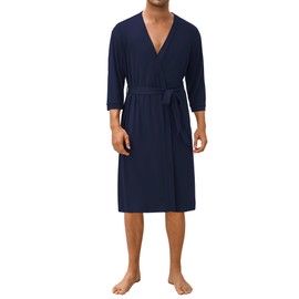 Ekouaer Men's Lightweight Kimono Spa Robe Knit Bathrobe Soft Sleepwear 3/4 Sleeve Loungewear with Pockets S-XXL
