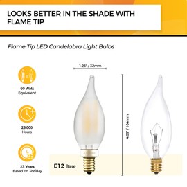 Hizashi Frosted Candelabra Light Bulbs 60 watt LED Dimmable, E12 Candelabra Bulb 2700K Soft White, Flame Tip CA11, Chandelier Light Bulbs 90+CRI, 550LM, UL Listed, 12 Pack